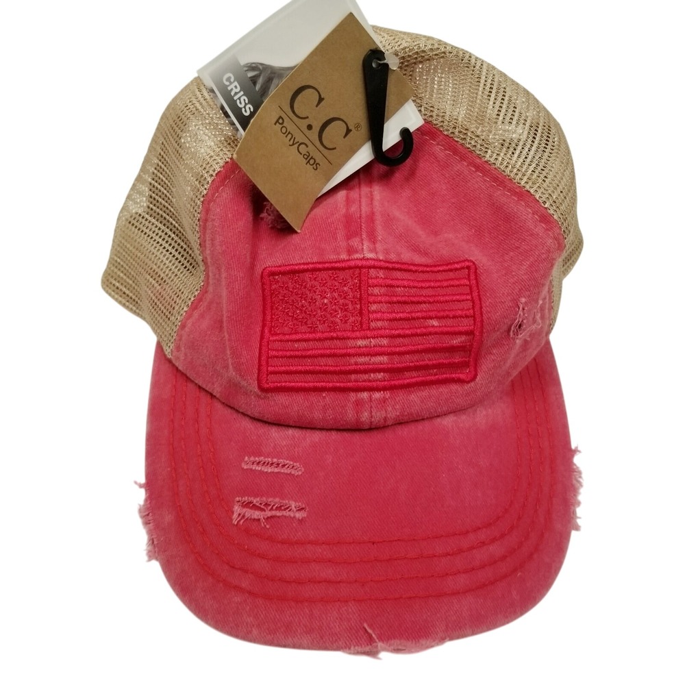 CC Pony‎ Criss Cross Cap American Flag Patch Distressed Red Trucker Hat Baseball